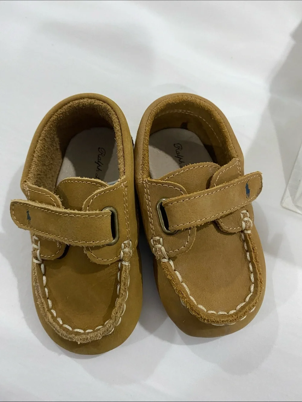 Ralph Lauren Tan Suede Toddler Moccasins with Hook-and-Loop Strap